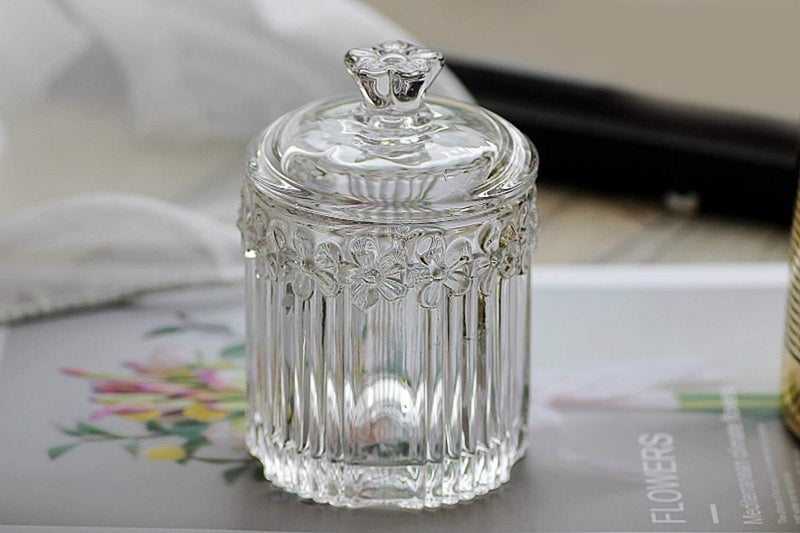 Mathew O Floral Crystal Glass Relief Flower Candy Dish Swab Box Storage Jar with Lid, 5x3.5 inches, 8 oz, 1 Count - Image 3